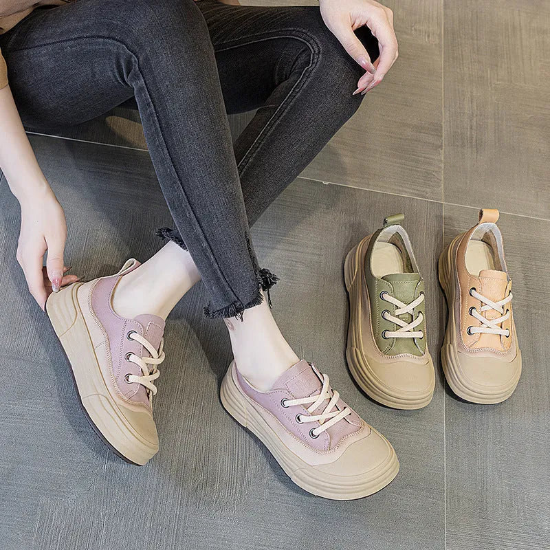 Women's solid colour leather platform sneakers in matcha, purple, or orange with front lace-up.