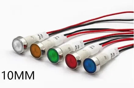 10mm plastic indicator light with wire, flat metal base, in white, yellow, red, green, and blue colour options.