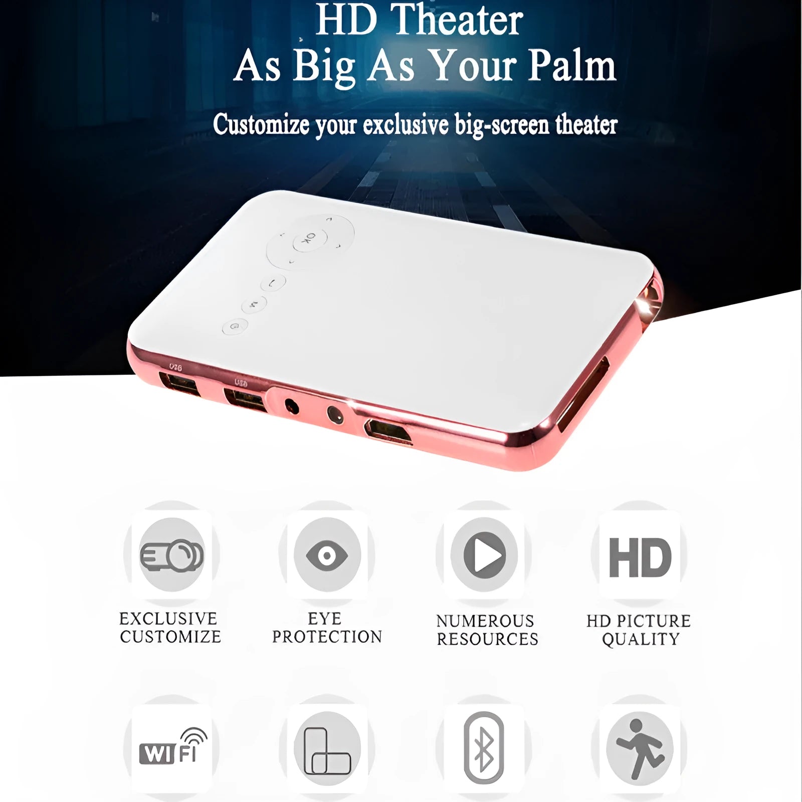 M6S miniature portable Android DLP projector in white rose gold finish showing compact dimensions