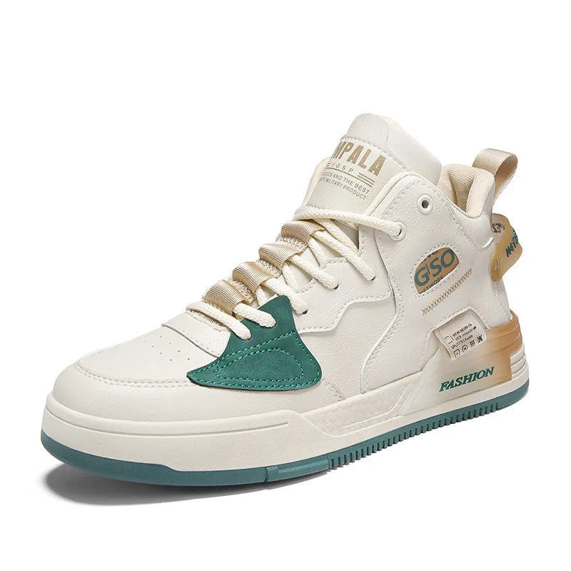 Men's canvas high-top sports casual shoes in khaki with PU upper, rubber sole, and slingback design on a white background.