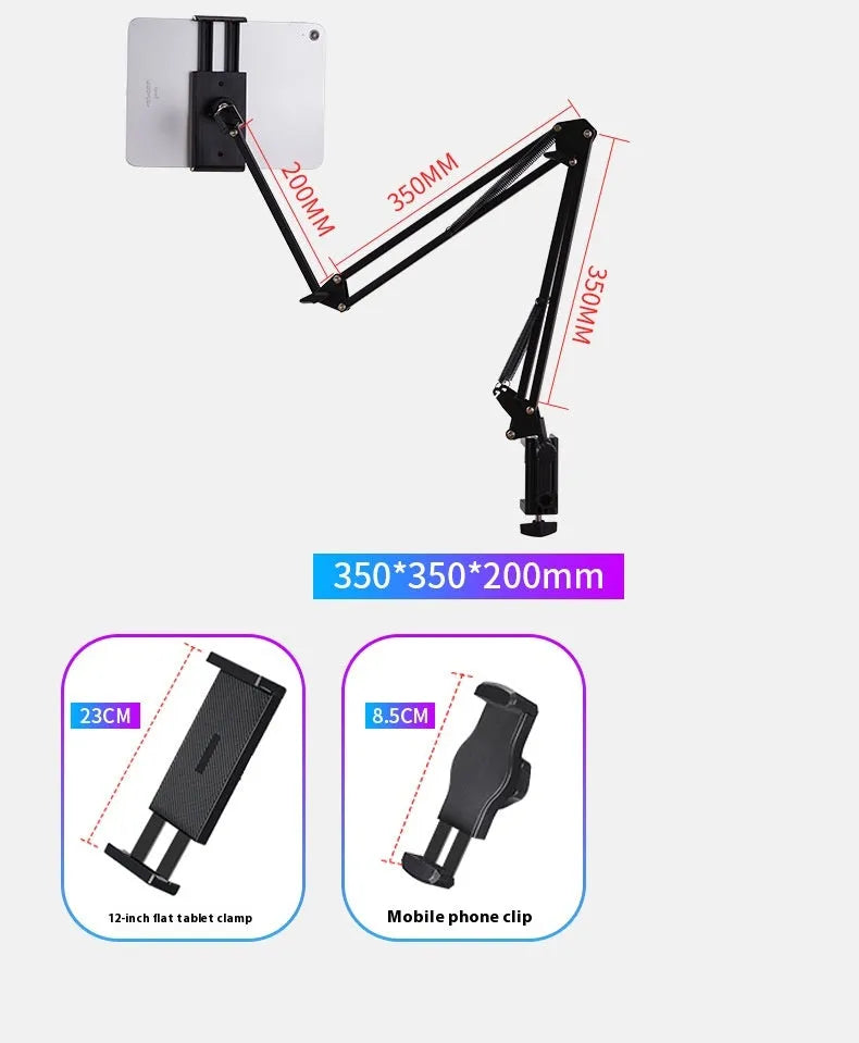 Black foldable metal desktop cantilever bracket with tablet clip extended to mounting position