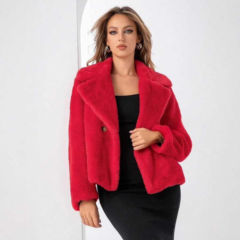 Women's loose short coat in rose red faux fur with regular sleeves, showing 50cm length.